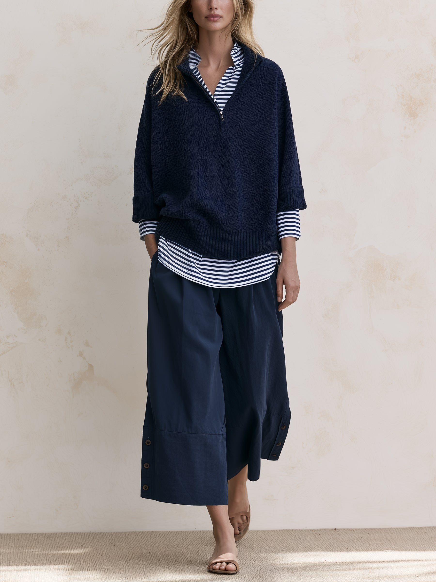 Navy Stripe Layered Knit Set – Relaxed Pullover Sweater & Wide-Leg Pants Outfit
