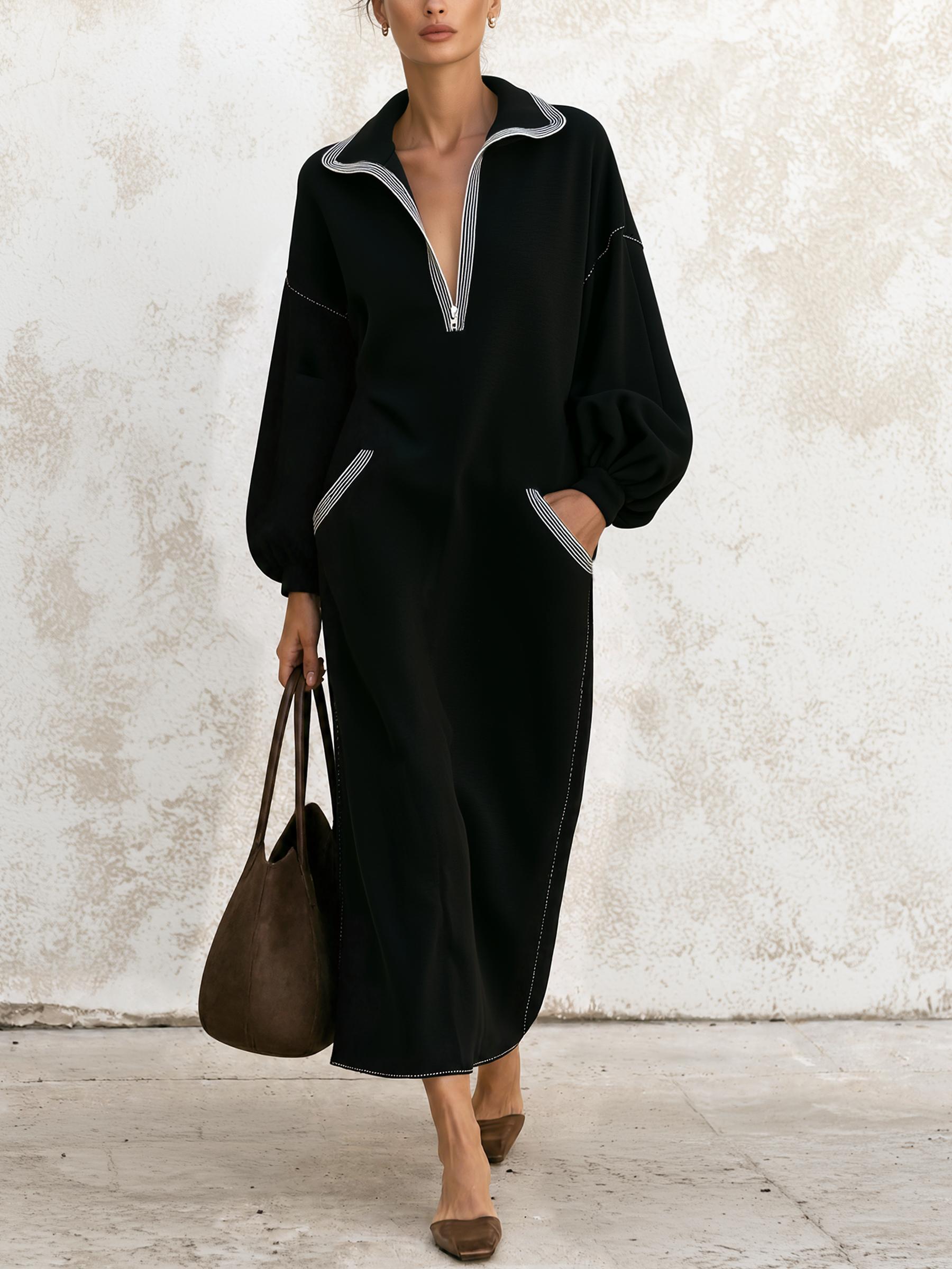 Black Contrast White Stitch Polo Collar Half‑Zip Air Layer Maxi Dress
