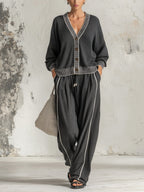Relaxed Contrast-Trim Cardigan & Wide-Leg Pants Set