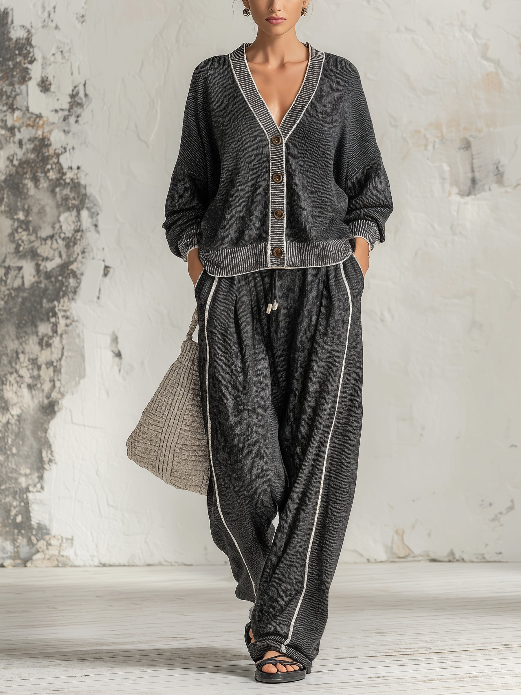 Relaxed Contrast-Trim Cardigan & Wide-Leg Pants Set
