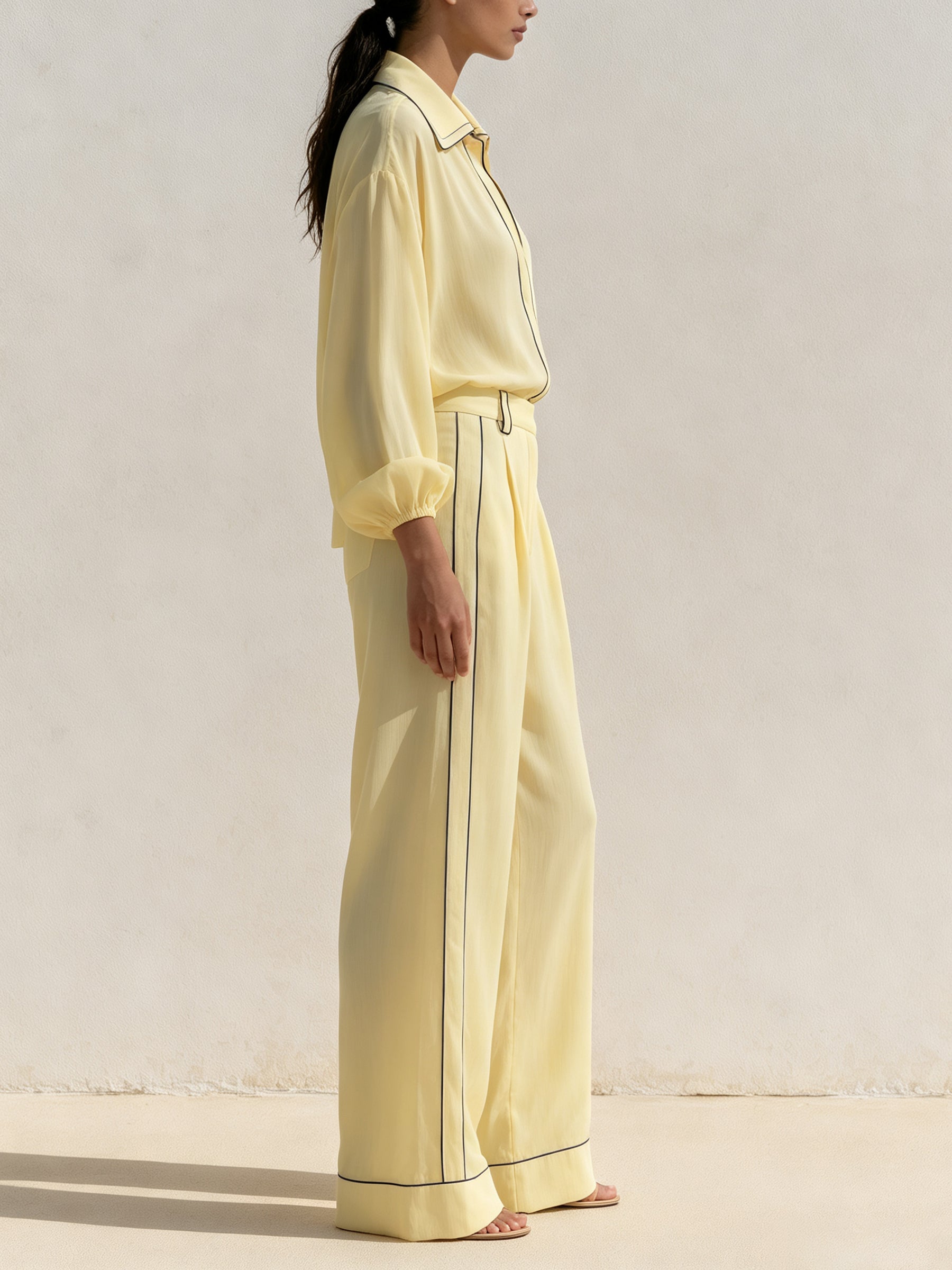 Elegant Contrast Trim Wide-Leg Jumpsuit – Minimalist Chic Long Sleeve Set