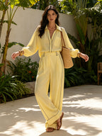 Elegant Contrast Trim Wide-Leg Jumpsuit – Minimalist Chic Long Sleeve Set