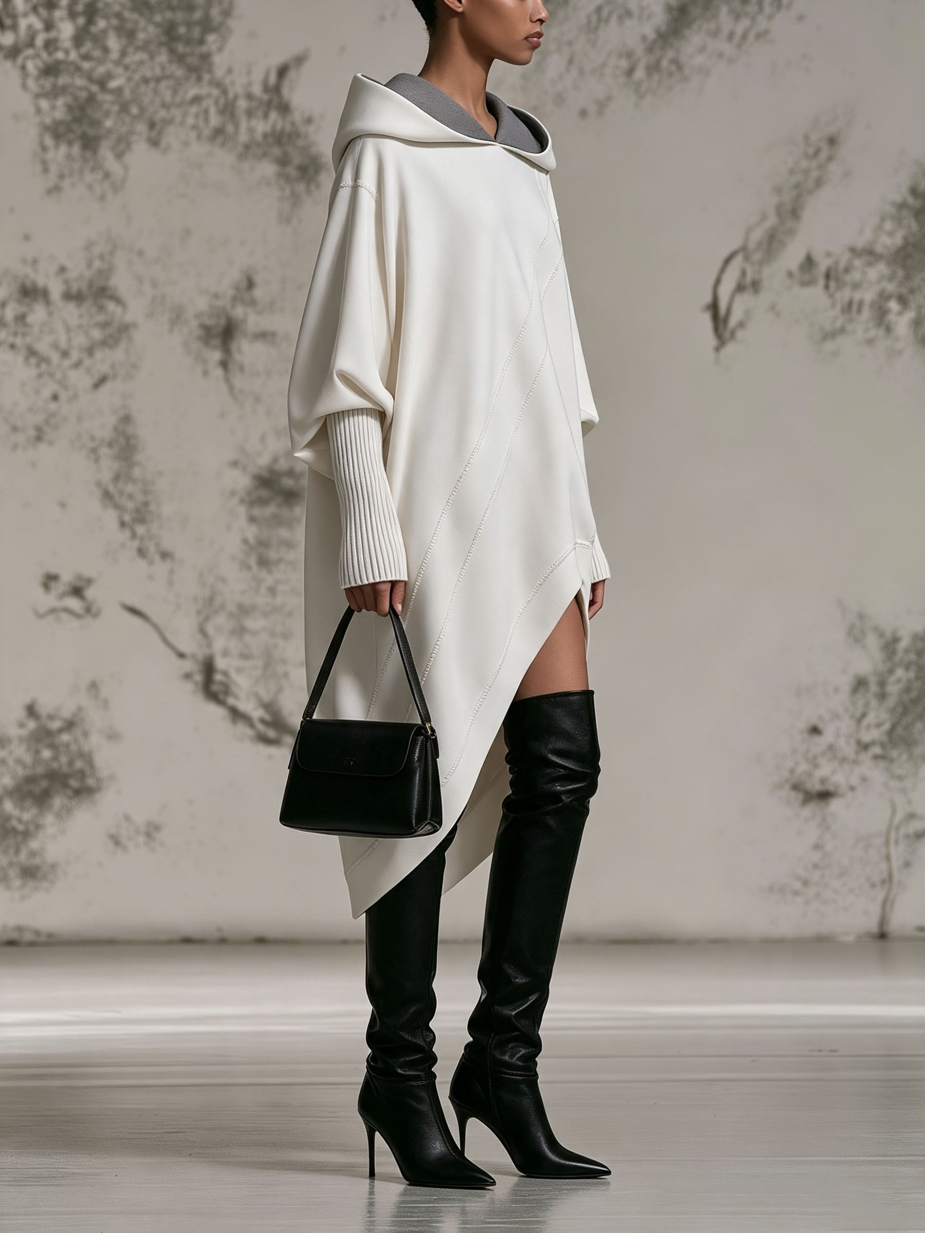 Two Tone Hooded Asymmetric Hem Oversized Sweatshirt Dress