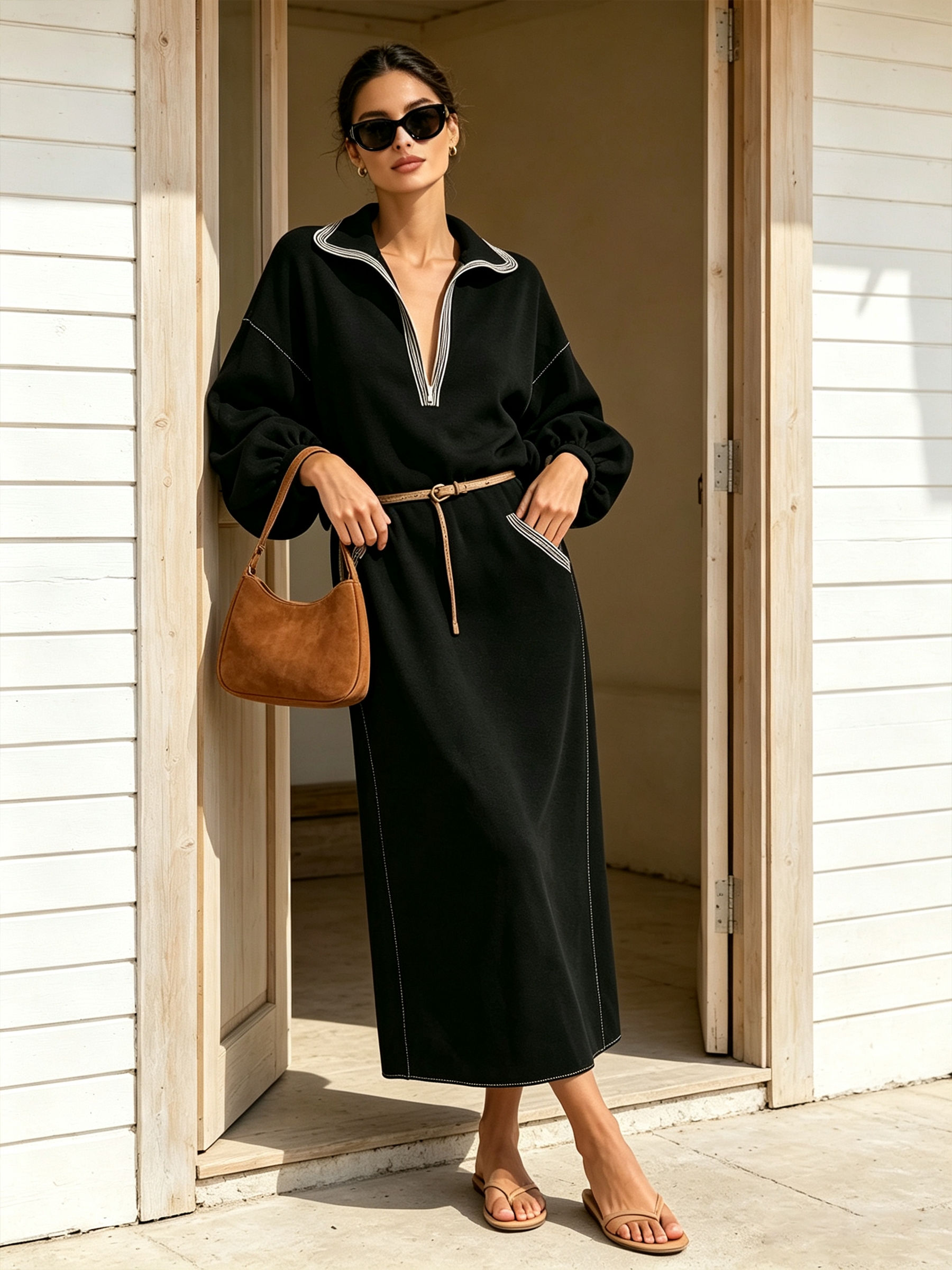 Black Contrast White Stitch Polo Collar Half‑Zip Air Layer Maxi Dress