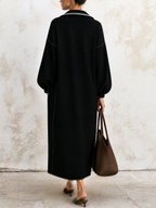 Black Contrast White Stitch Polo Collar Half‑Zip Air Layer Maxi Dress