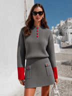 Luxury Dove Grey Ribbed Contrast-Cuff Button-Detail Knit Top And Mini Skirt Sweater Set