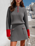 Luxury Dove Grey Ribbed Contrast-Cuff Button-Detail Knit Top And Mini Skirt Sweater Set