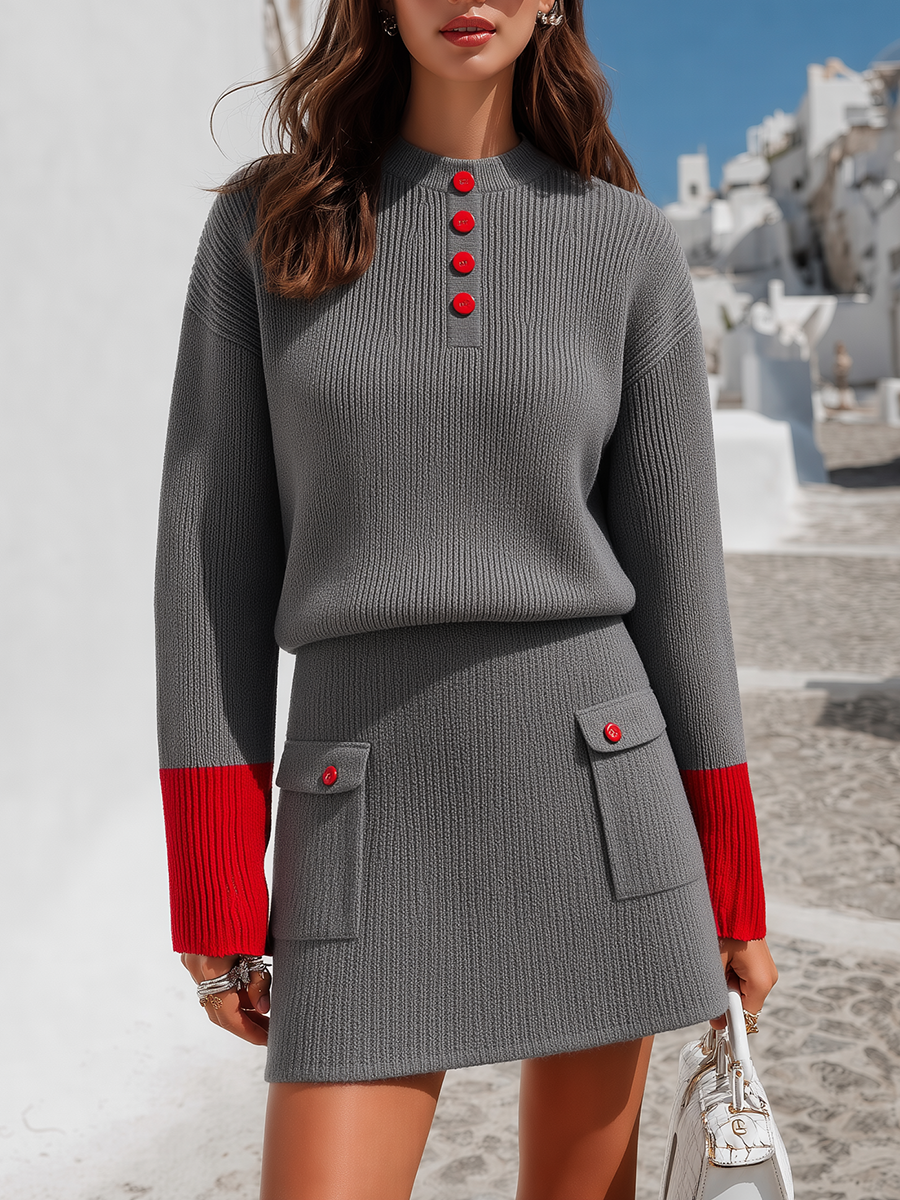 Luxury Dove Grey Ribbed Contrast-Cuff Button-Detail Knit Top And Mini Skirt Sweater Set