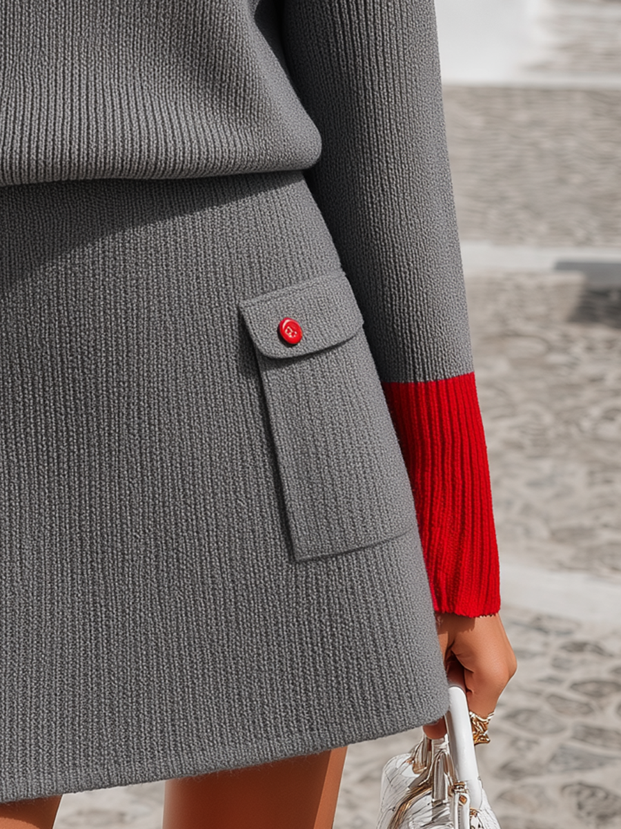 Luxury Dove Grey Ribbed Contrast-Cuff Button-Detail Knit Top And Mini Skirt Sweater Set