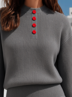 Luxury Dove Grey Ribbed Contrast-Cuff Button-Detail Knit Top And Mini Skirt Sweater Set