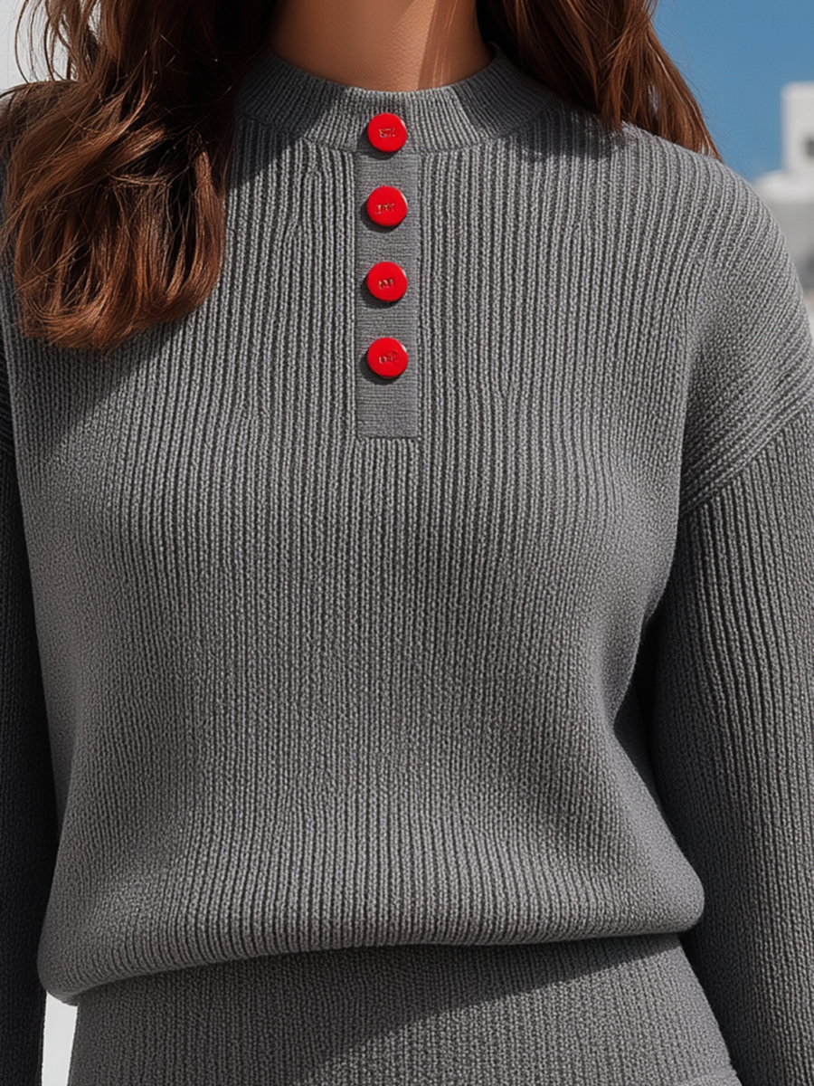 Luxury Dove Grey Ribbed Contrast-Cuff Button-Detail Knit Top And Mini Skirt Sweater Set