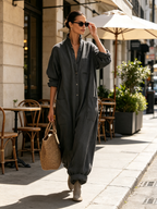 Dark Grey Stand Collar Linen Blend Jumpsuit