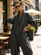 Dark Grey Stand Collar Linen Blend Jumpsuit