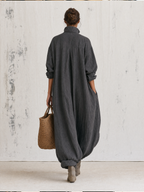 Dark Grey Stand Collar Linen Blend Jumpsuit