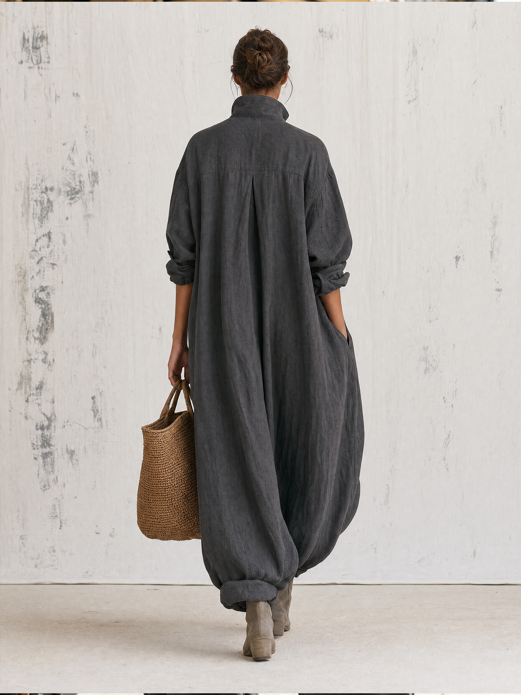 Dark Grey Stand Collar Linen Blend Jumpsuit