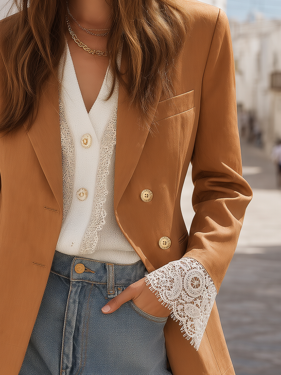 Caramel Double-Breasted Gold-Button Lace-Cuff Tailored Resort Blazer
