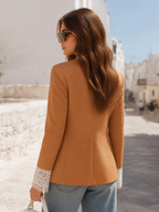 Caramel Double-Breasted Gold-Button Lace-Cuff Tailored Resort Blazer
