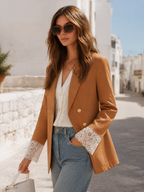Caramel Double-Breasted Gold-Button Lace-Cuff Tailored Resort Blazer