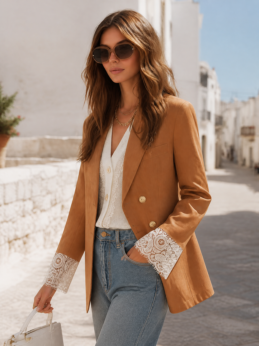 Caramel Double-Breasted Gold-Button Lace-Cuff Tailored Resort Blazer