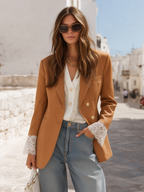 Caramel Double-Breasted Gold-Button Lace-Cuff Tailored Resort Blazer