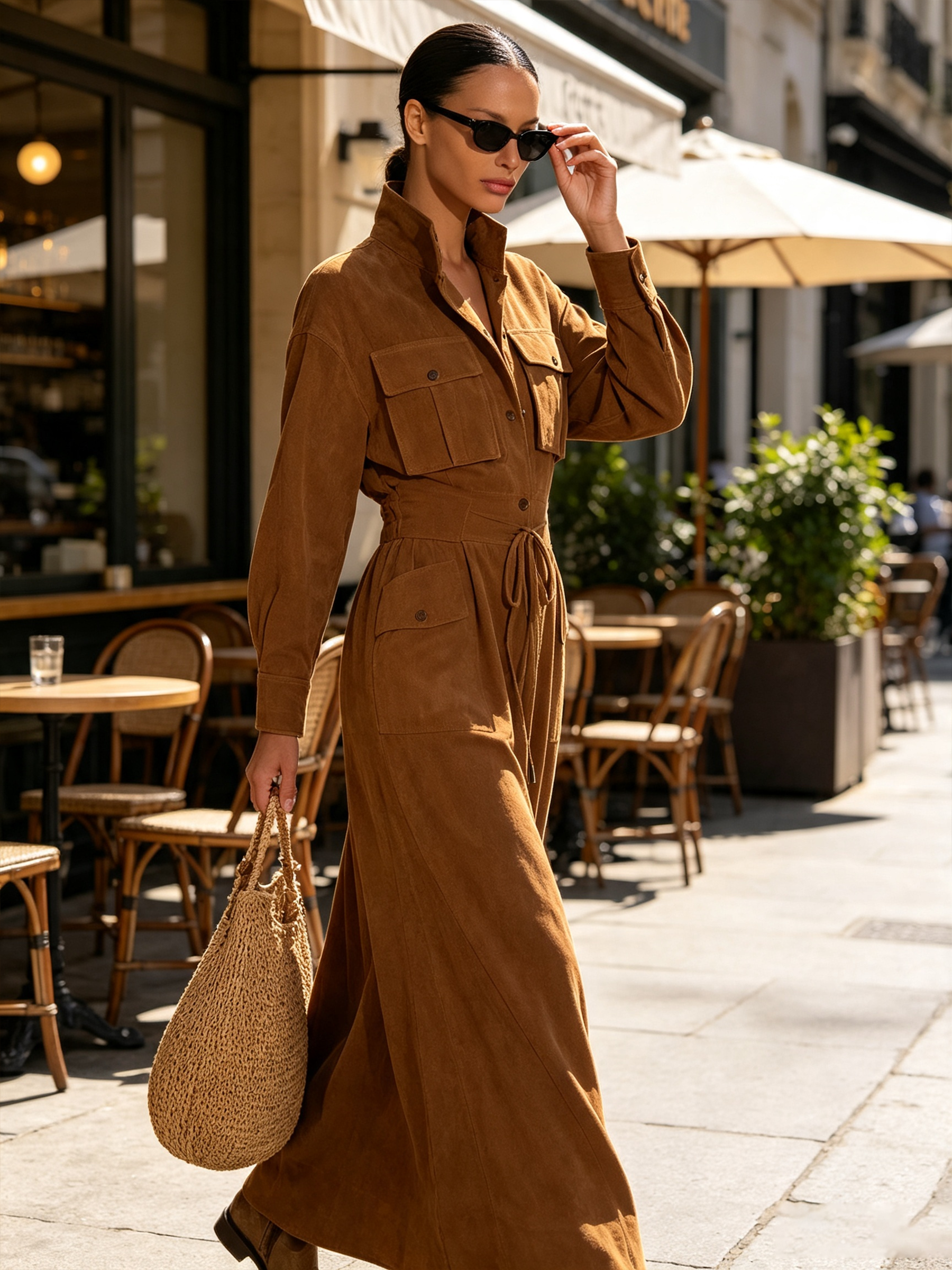 Camel Suede Texture Utility Maxi Dress, Stand Collar Long Sleeve Drawstring Waist Cargo Dress With Multi Pockets