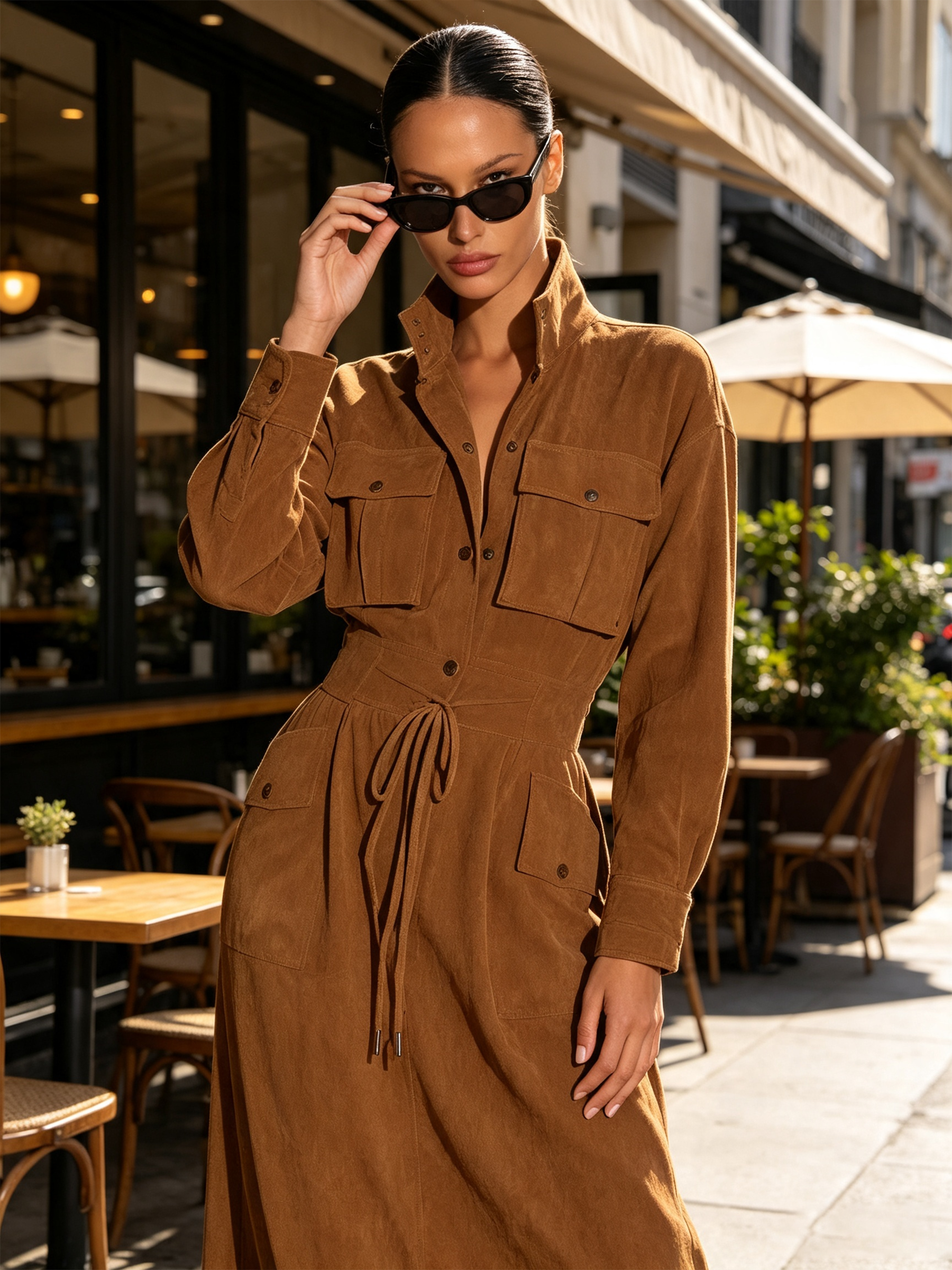 Camel Suede Texture Utility Maxi Dress, Stand Collar Long Sleeve Drawstring Waist Cargo Dress With Multi Pockets