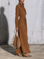 Camel Suede Texture Utility Maxi Dress, Stand Collar Long Sleeve Drawstring Waist Cargo Dress With Multi Pockets