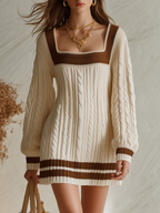Resort-style Square Neck Long-sleeved Color-blocked Knit Mini Dress