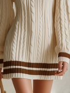Resort-style Square Neck Long-sleeved Color-blocked Knit Mini Dress