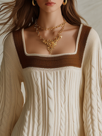 Resort-style Square Neck Long-sleeved Color-blocked Knit Mini Dress