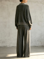 Relaxed Contrast-Trim Cardigan & Wide-Leg Pants Set