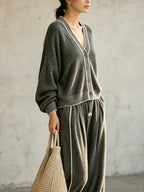 Relaxed Contrast-Trim Cardigan & Wide-Leg Pants Set