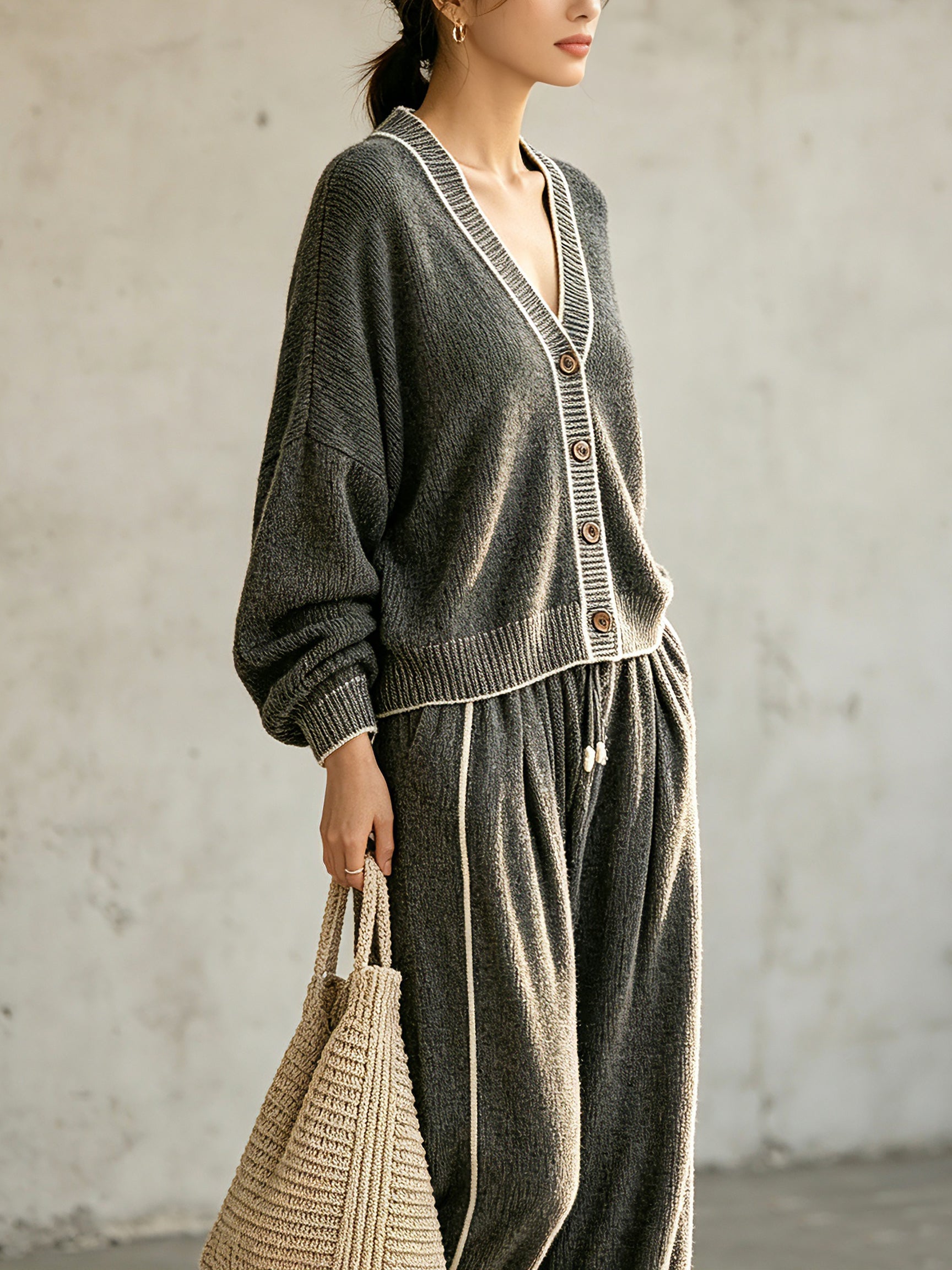 Relaxed Contrast-Trim Cardigan & Wide-Leg Pants Set
