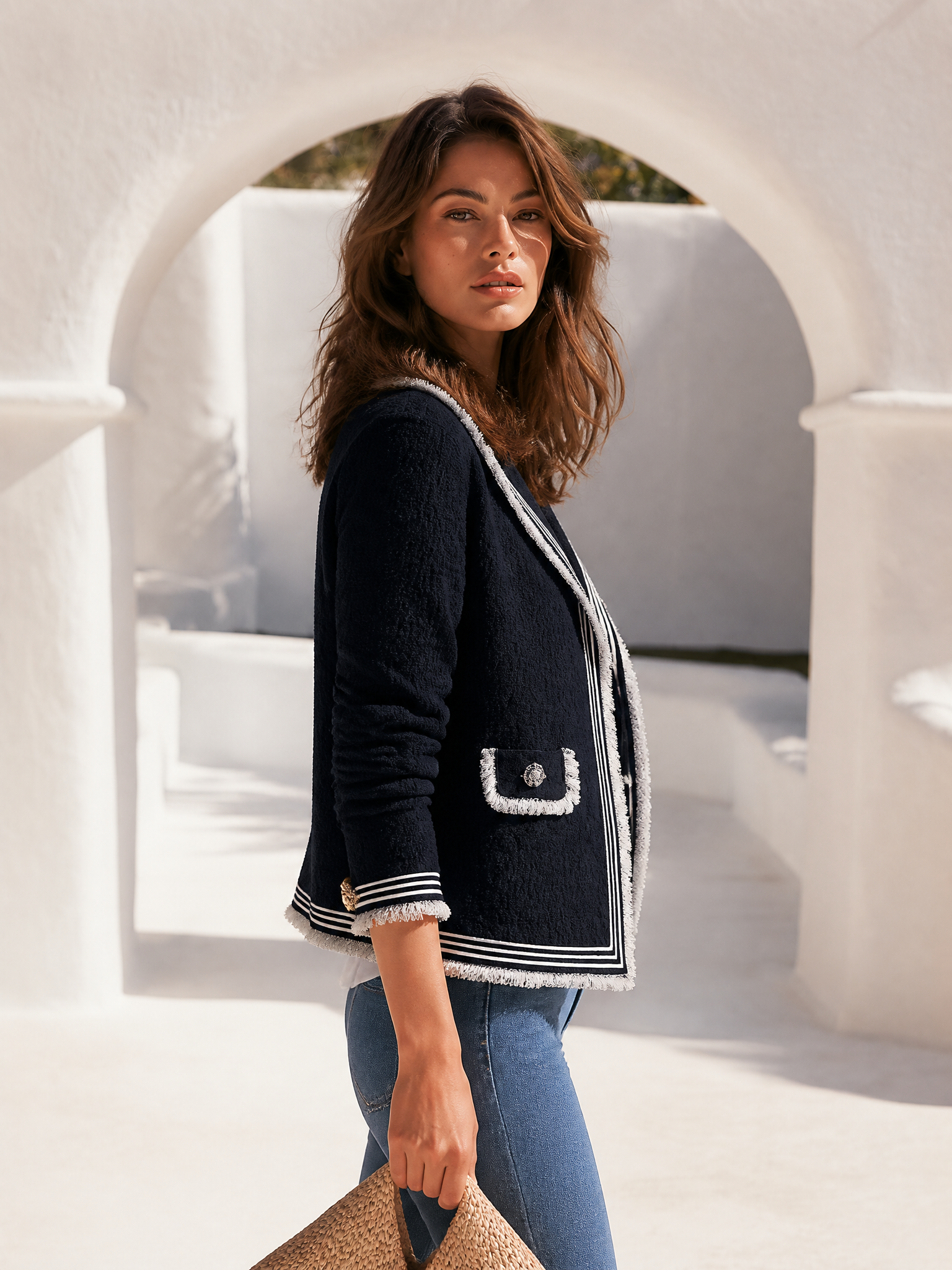 Retro Elegance Tweed-Style Contrast Trim Fringe Jacket