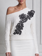 White Lace Off Shoulder Cable Knit Sweater Top