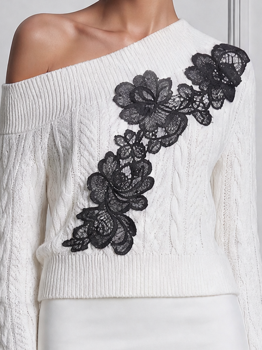 White Lace Off Shoulder Cable Knit Sweater Top