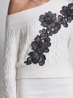 White Lace Off Shoulder Cable Knit Sweater Top
