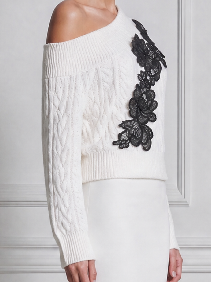 White Lace Off Shoulder Cable Knit Sweater Top