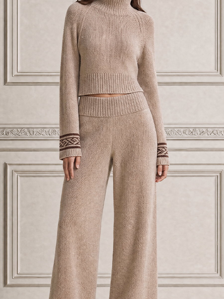 Stockholm Style Beige Turtleneck Knit Sweater & Wide Leg Pants Set