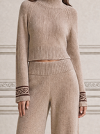 Stockholm Style Beige Turtleneck Knit Sweater & Wide Leg Pants Set