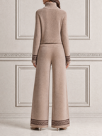 Stockholm Style Beige Turtleneck Knit Sweater & Wide Leg Pants Set