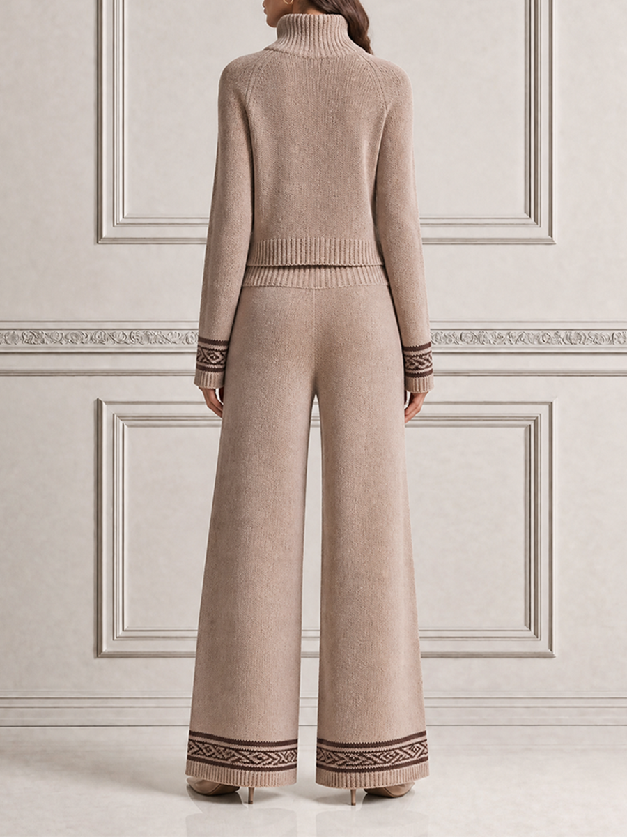Stockholm Style Beige Turtleneck Knit Sweater & Wide Leg Pants Set