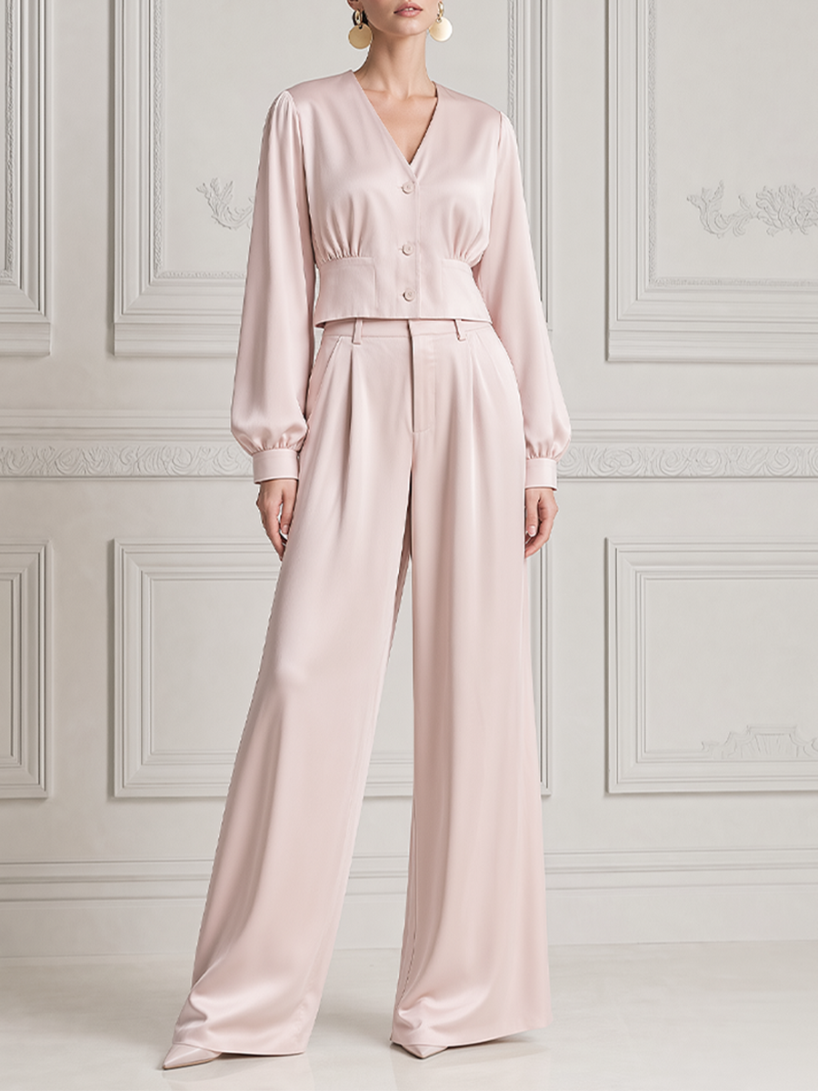 Blush Pink Fall Fashion V-Neck Cropped Blazer & Wide Leg Pants Set
