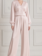 Blush Pink Fall Fashion V-Neck Cropped Blazer & Wide Leg Pants Set