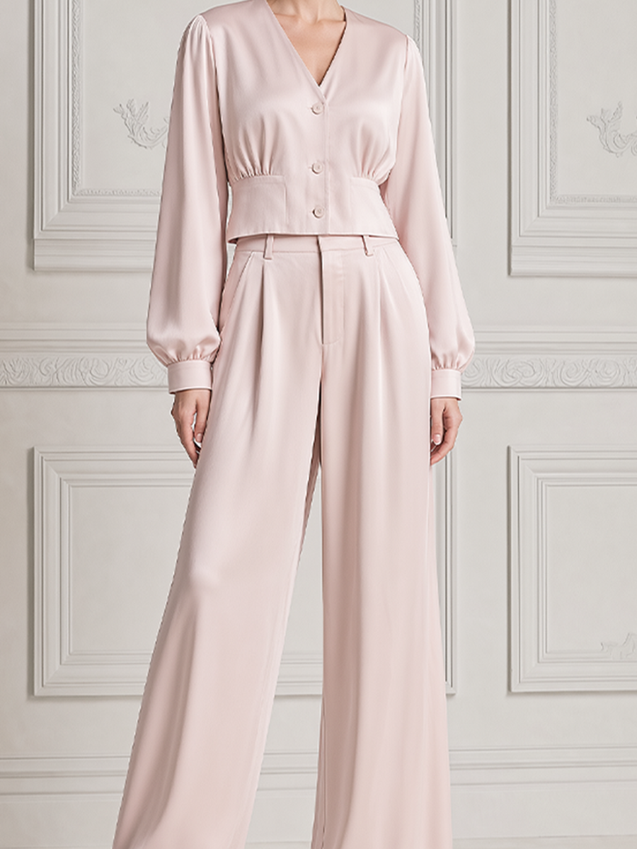 Blush Pink Fall Fashion V-Neck Cropped Blazer & Wide Leg Pants Set
