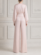 Blush Pink Fall Fashion V-Neck Cropped Blazer & Wide Leg Pants Set