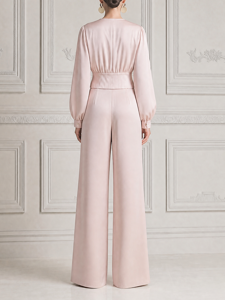 Blush Pink Fall Fashion V-Neck Cropped Blazer & Wide Leg Pants Set