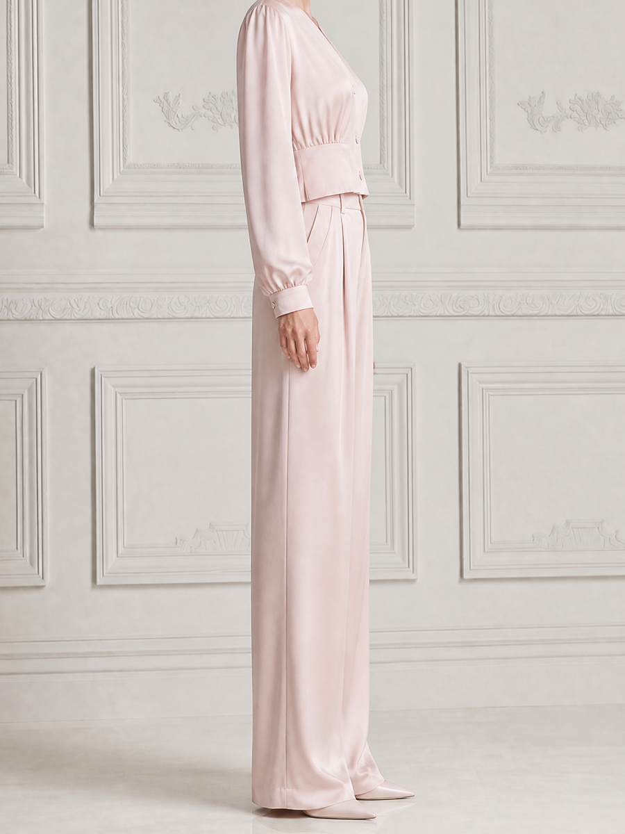Blush Pink Fall Fashion V-Neck Cropped Blazer & Wide Leg Pants Set