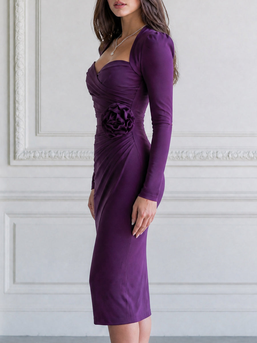 Ruched Sweetheart Neck 3D Rose Sheath Midi Dress