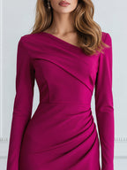 Elegant Asymmetric Neck Long Sleeve Ruched Bodycon Midi Dress